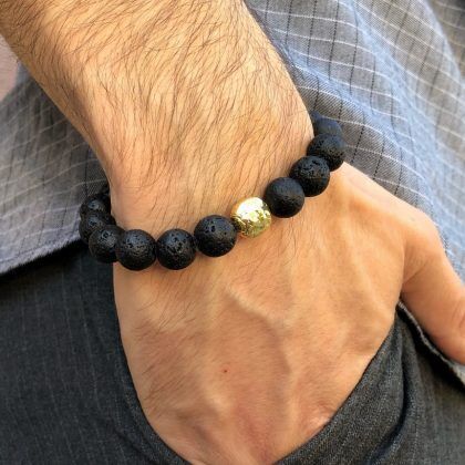 Black Tourmaline Matte Tumble Bracelet With Lava Stone And Golden Hema–  Imeora